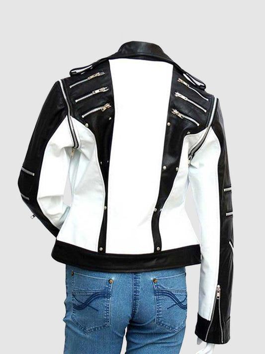 Women's Black & White Leather Jacket – Classic Casual Style
