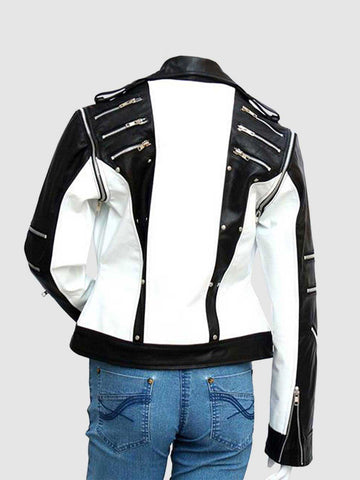 Women's Black & White Leather Jacket – Classic Casual Style