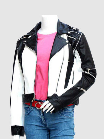 Women's Black & White Leather Jacket – Classic Casual Style